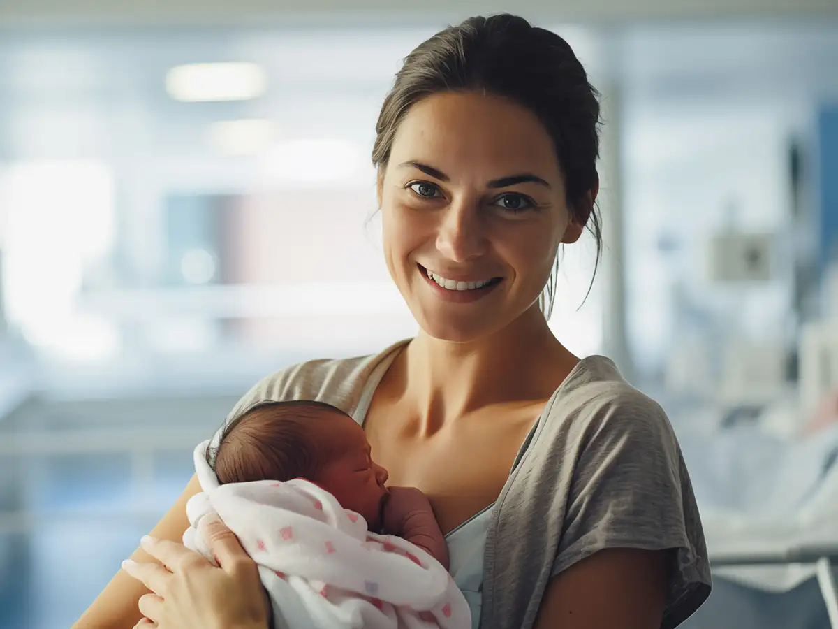 Birthing at the Hospital Hero Image showing mother holding new born in a hospital room
